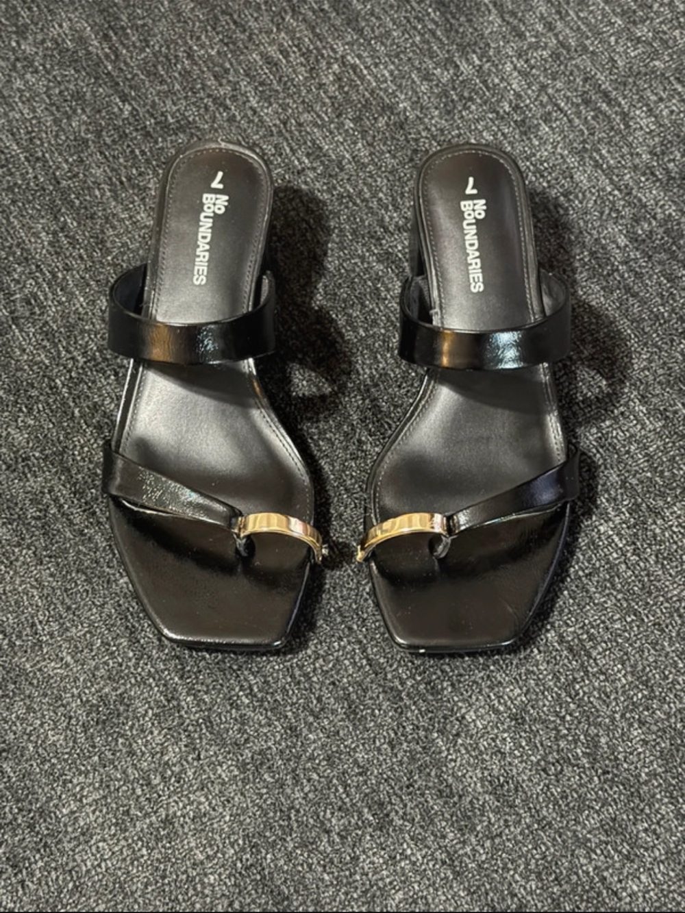 No Boundaries Black Patent Slide Sandals with Gold Accent Bar